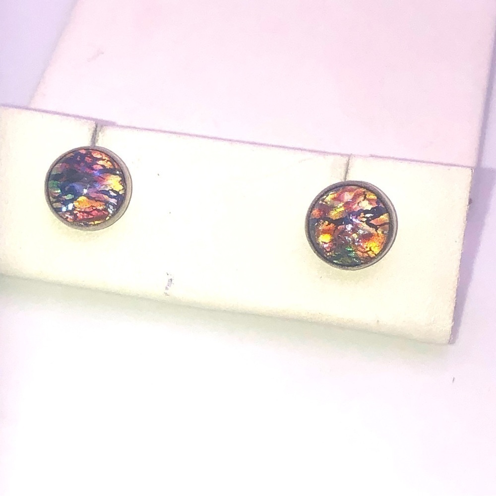 VTG Sterling Silver & Metallic Dichroic Glass Round Cabochon Stud Earrings 10mm